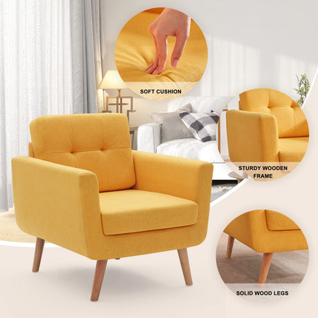 Tbfit Linen Fabric Accent Chairs Set of 2, Mid Century Modern Armchair for Living Room, Bedroom Button Tufted Upholstered Comfy Reading Accent Chair Sofa(Yellow)