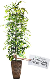 Artificial Ficus Tree with Real-Wood Trunk & Copper Metal Pot - Indoor and Outdoor Faux