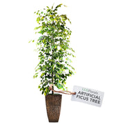 Artificial Ficus Tree with Real-Wood Trunk & Copper Metal Pot - Indoor and Outdoor Faux