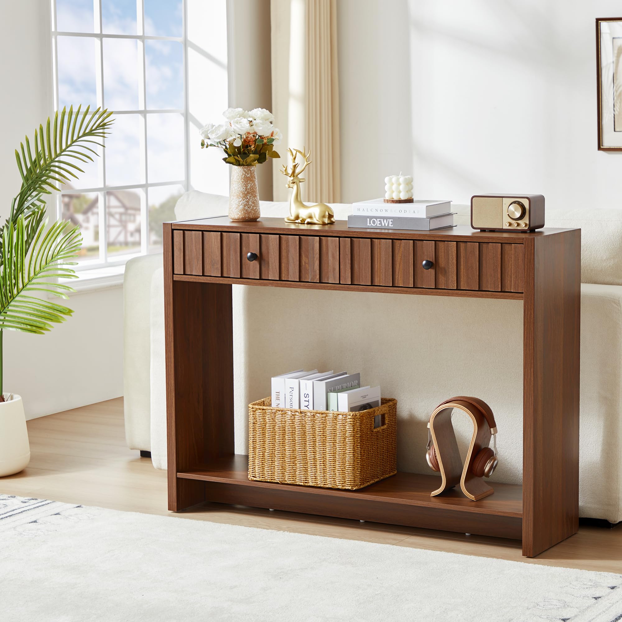 Entryway Console Table with Fluted Drawers, Mid Century Entryway Table