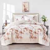 Green Leaves Printed on White Reversible Bedspread Coverlet Set