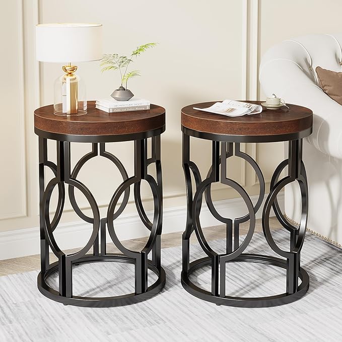 Round End Table, Industrial SideTable with Metal Hollow Frame