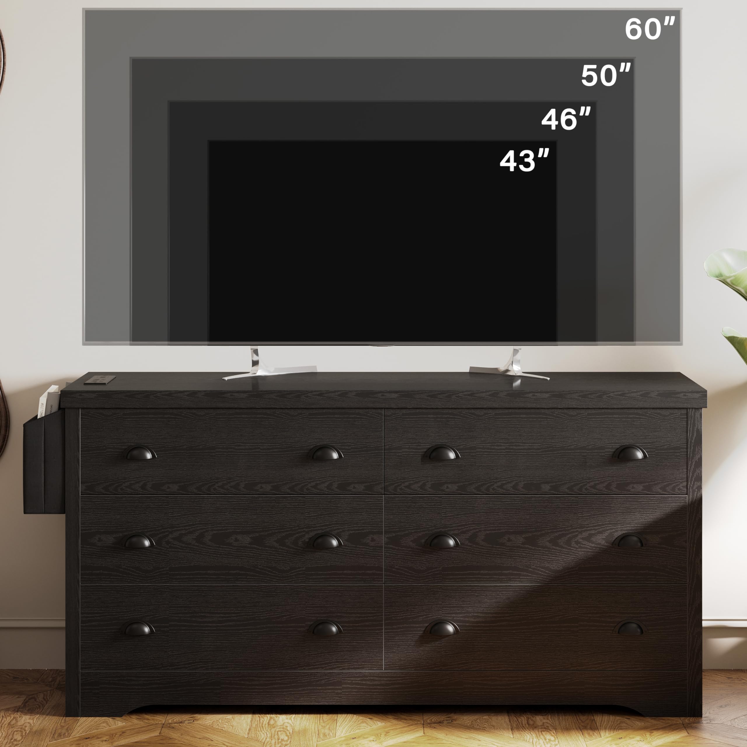 Dresser for Bedroom 6 Drawer with Charging Station, TV Stand Storage Chest of Drawers for Living Room Hallway Entryway, MDF Board, Black