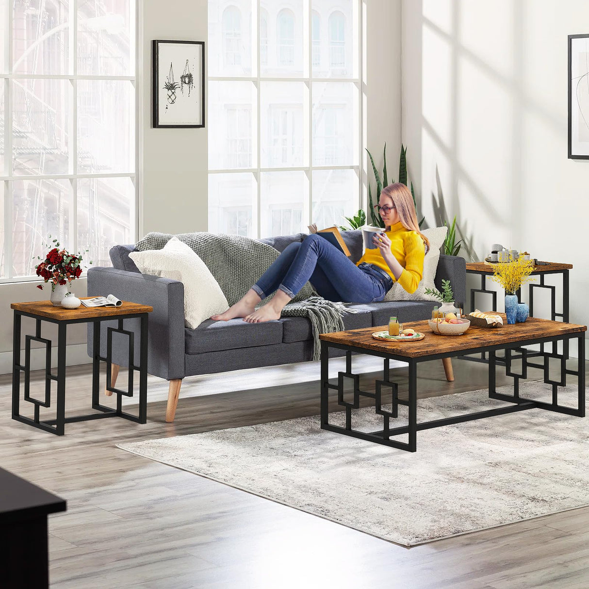 Coffee Table Set, Coffee Table & Two End Side Table, Modern 3-Piece Living Room