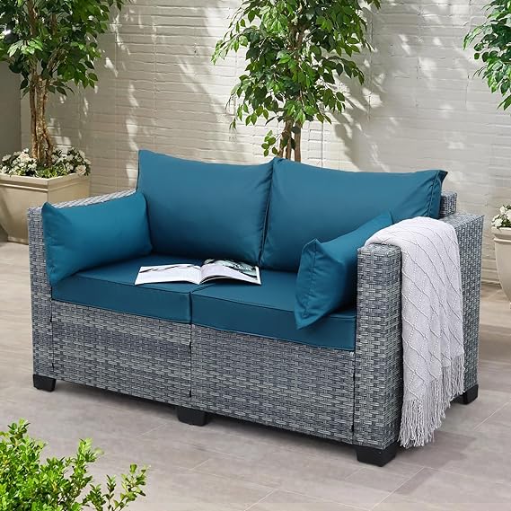 Outdoor Patio Loveseat Sofa, 2-Seater Small Couch, All Weather Wicker Love Seat Furniture