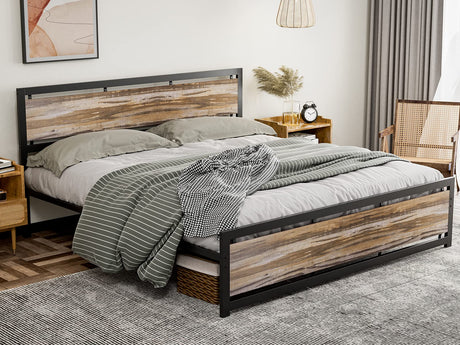 King Size Bed Frame with Wooden Headboard Footboard, Farmhouse Metal King