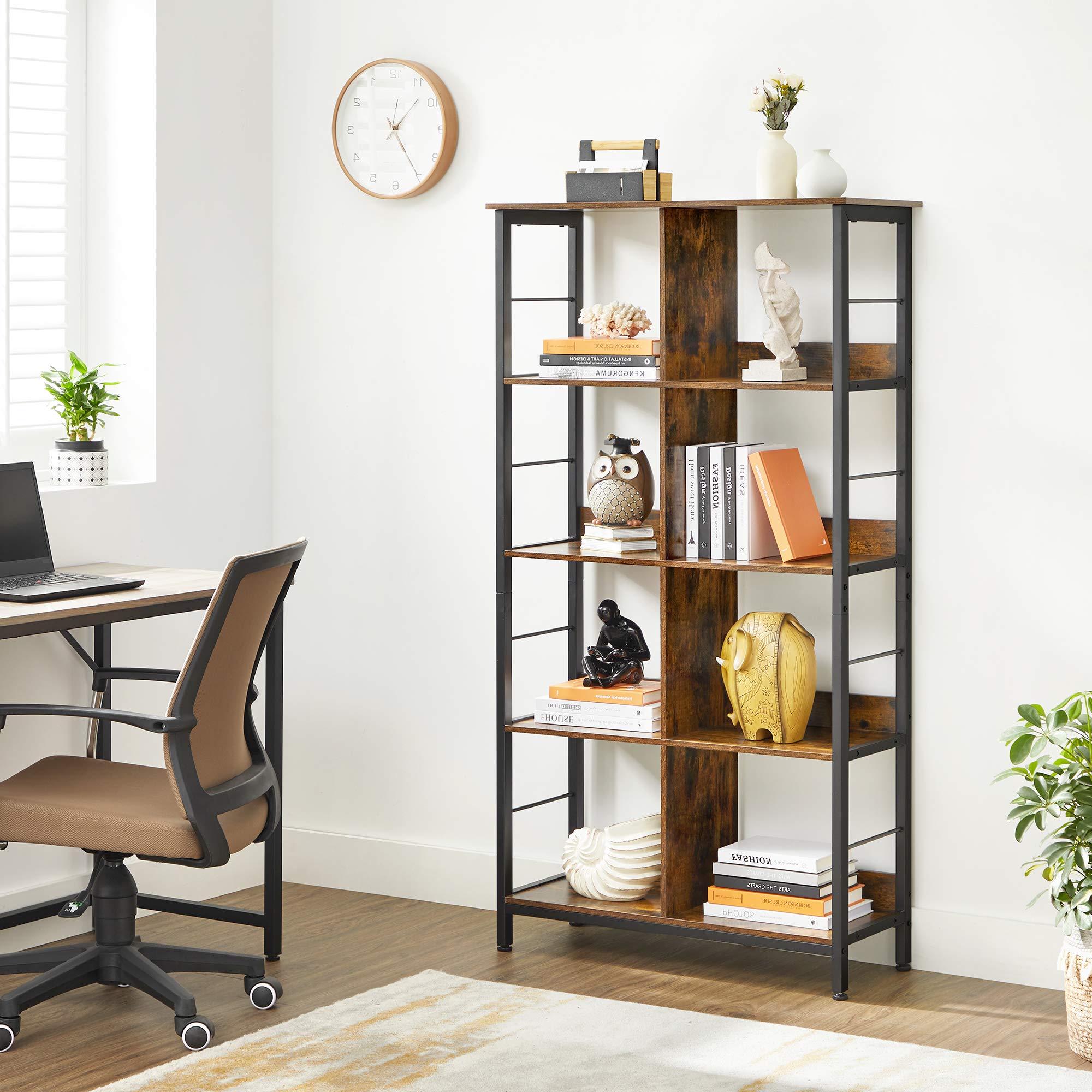Industrial 8-Compartment Bookshelf, 4-Tier Bookcase with 8 Open Slots, Display Storage Rack, for Office, Living Room, Bedroom, 31.5 x 13 x 58.7 Inches, Rustic Brown and Black ULLS105B01