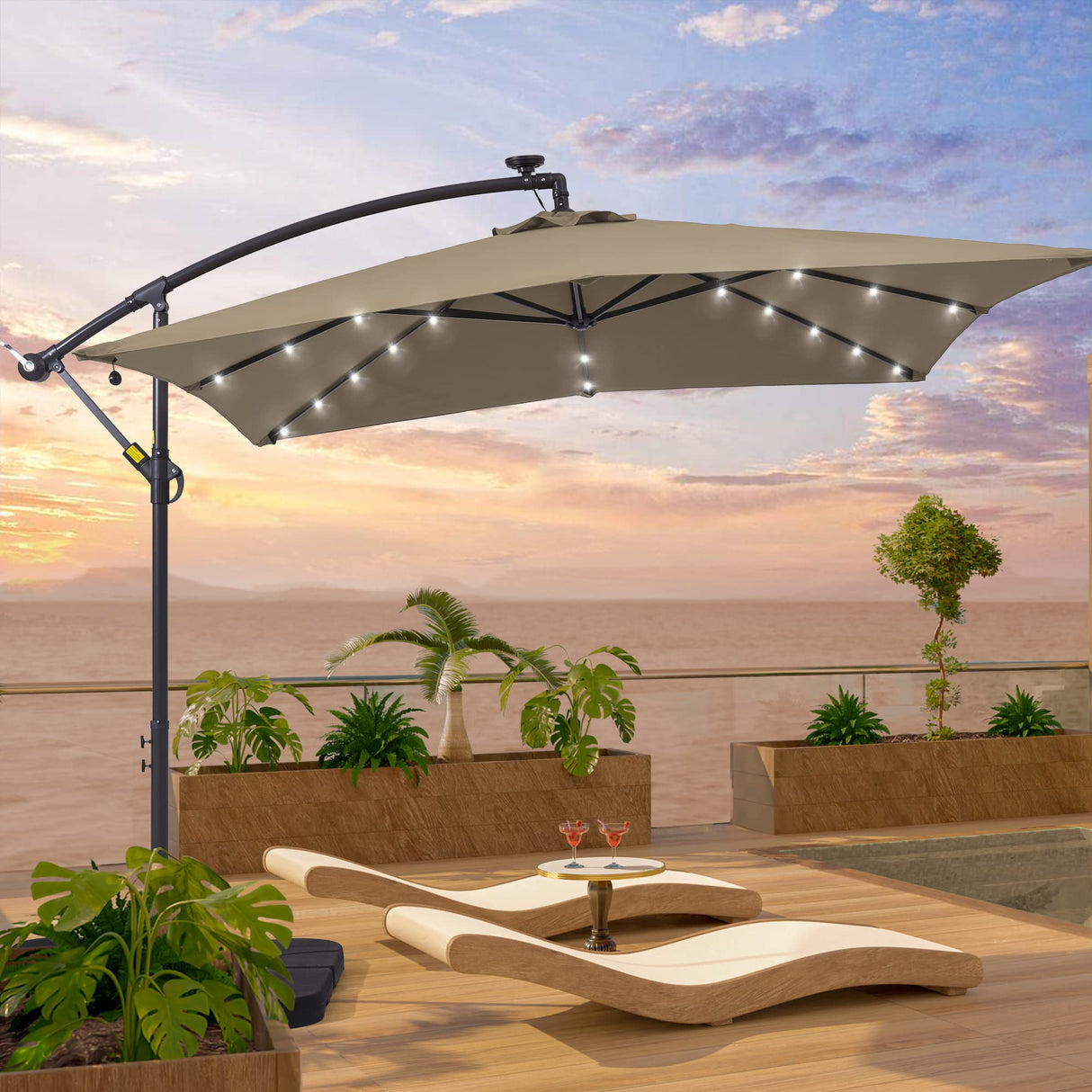 Solar Offset Hanging Market Patio Umbrella, rectangle patio umbrella, Steel Pole