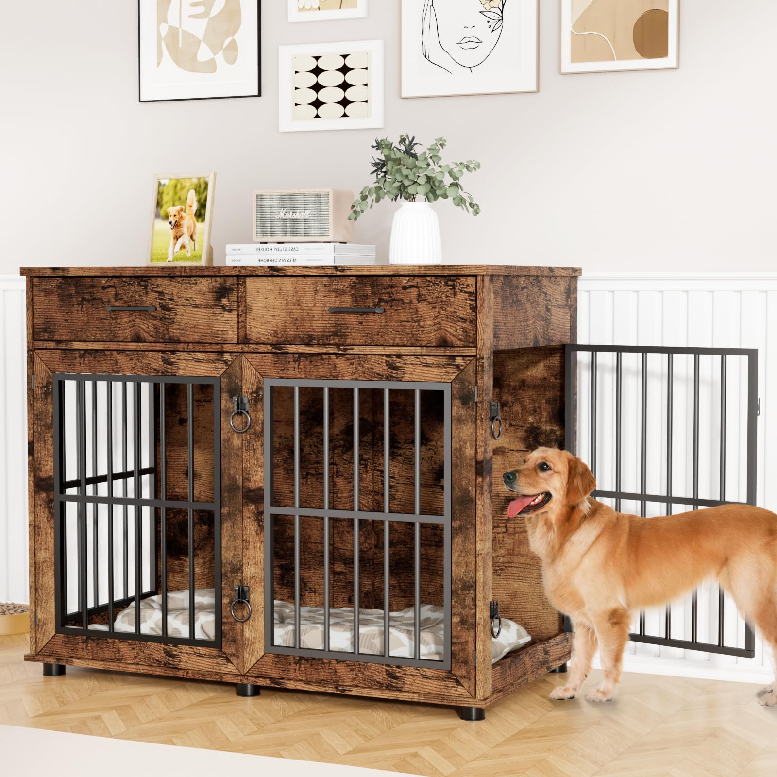 43.3" Large Wooden Dog Crate Furniture with Storage Drawers