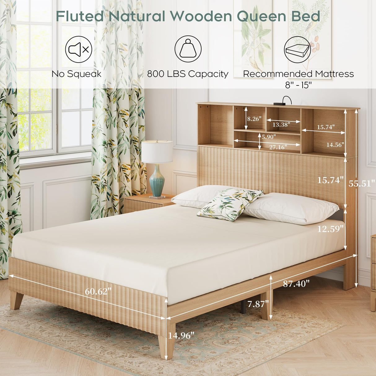 Retro Fluted Queen Bed with Storage Headboard & Charging Station, 55.5" Tall