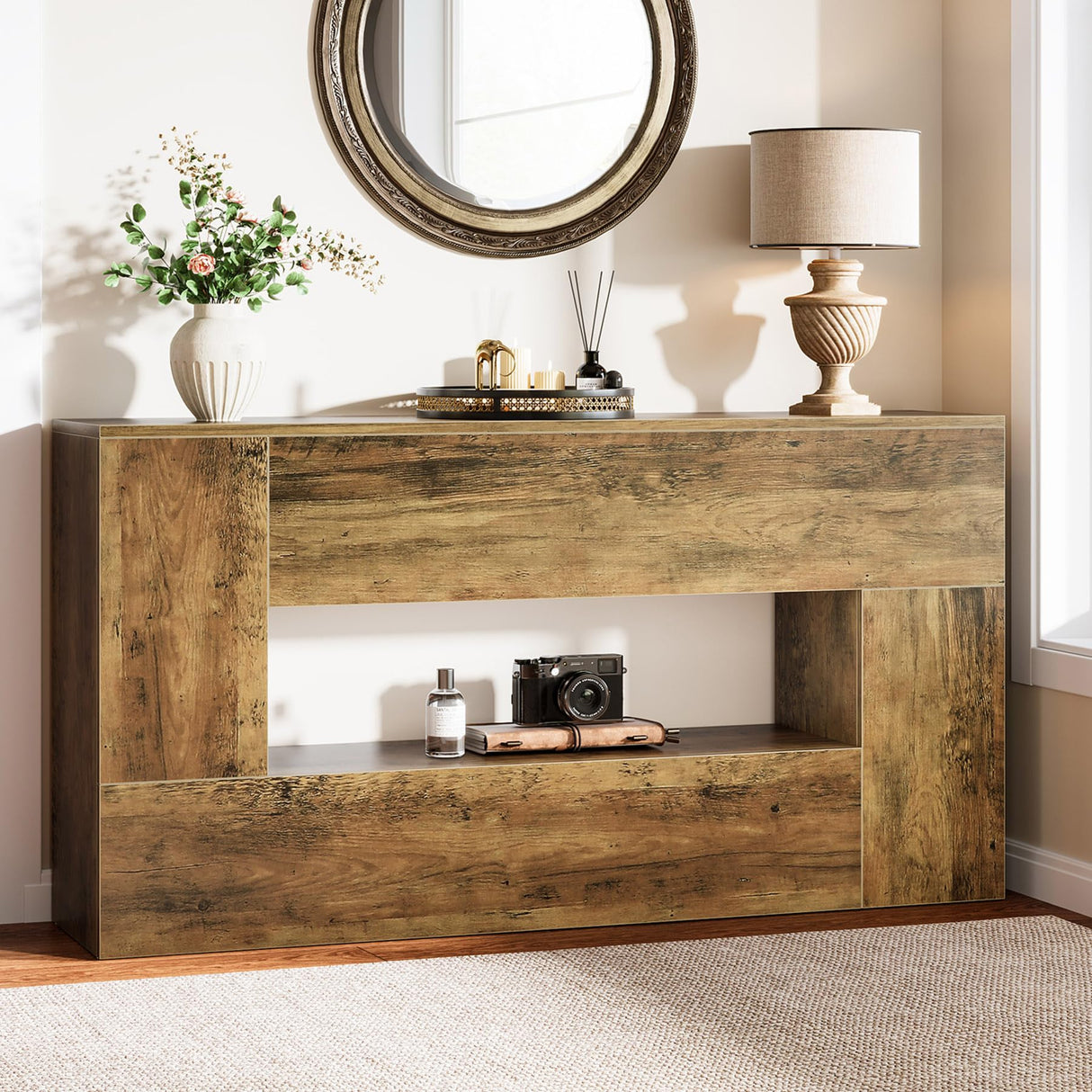 63-Inch Farmhouse Console Table, Wooden Entryway Sofa Table Behind The Couch