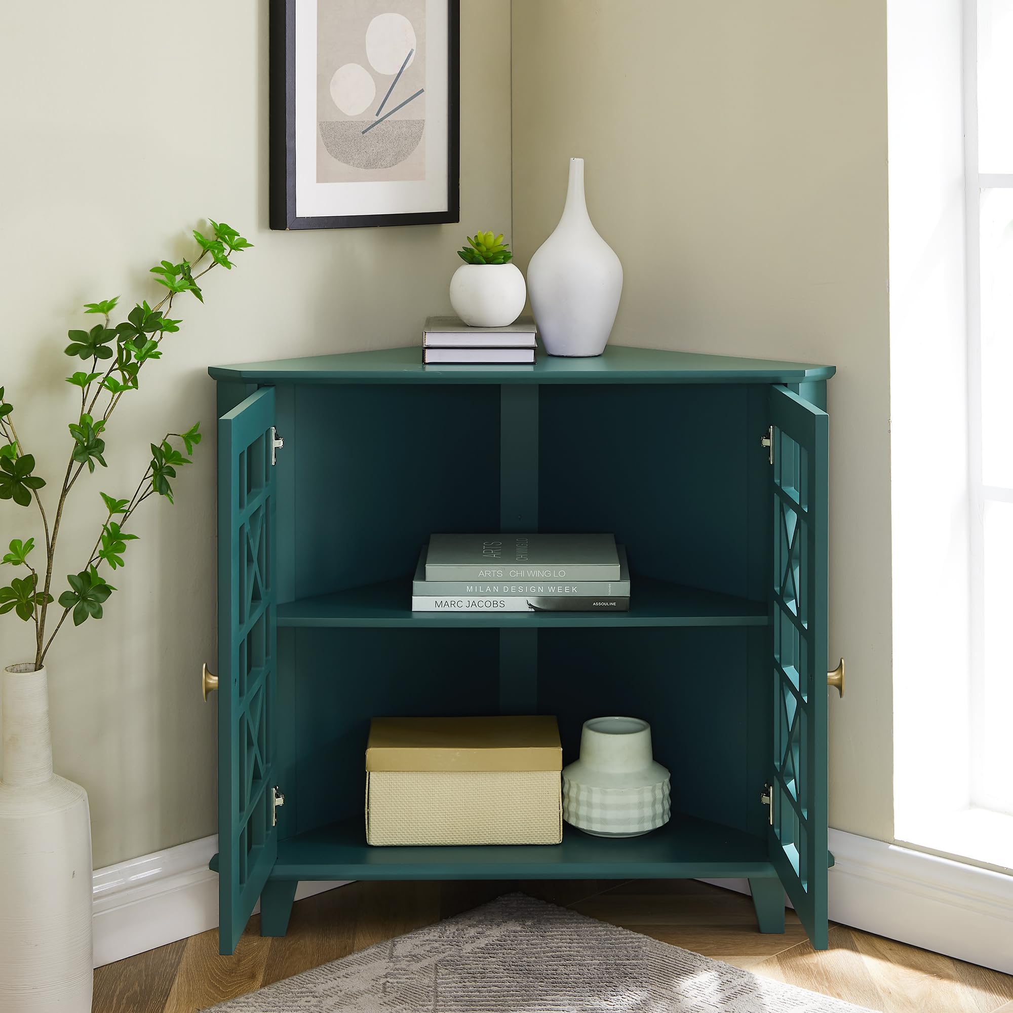 Edison Ronne 32 Inch 2 Door Corner Accent Table with Fretwork Detail - Dark Teal