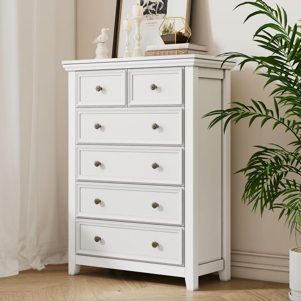 White Dresser for Bedroom, 6 Chest of Drawer, 6 Drawers Dresser Tall Nightstand