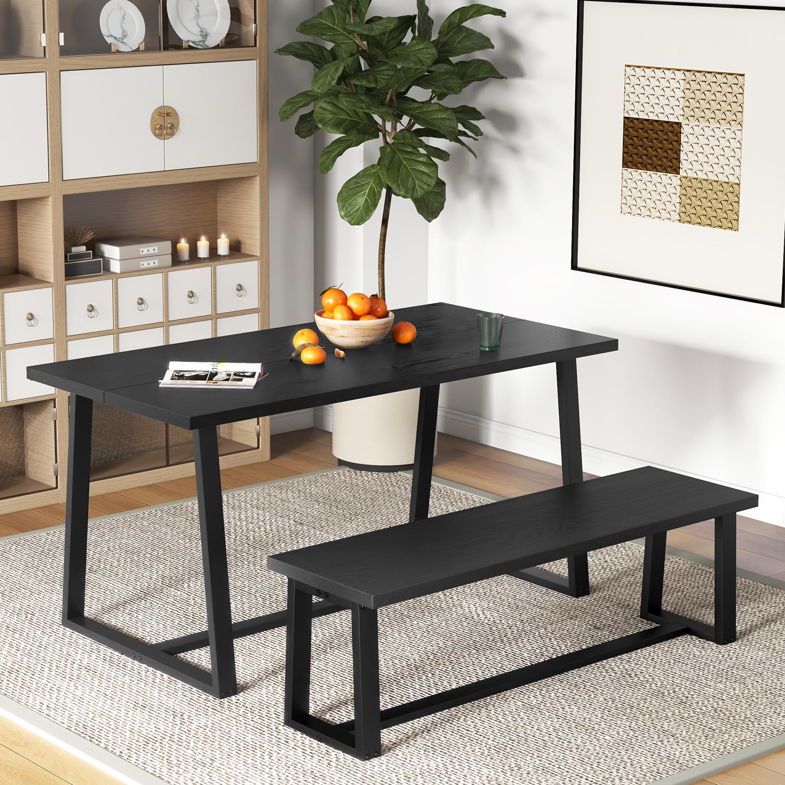 56.5" L Wood Dining Bench, Industrial Table Bench w Metal Frame