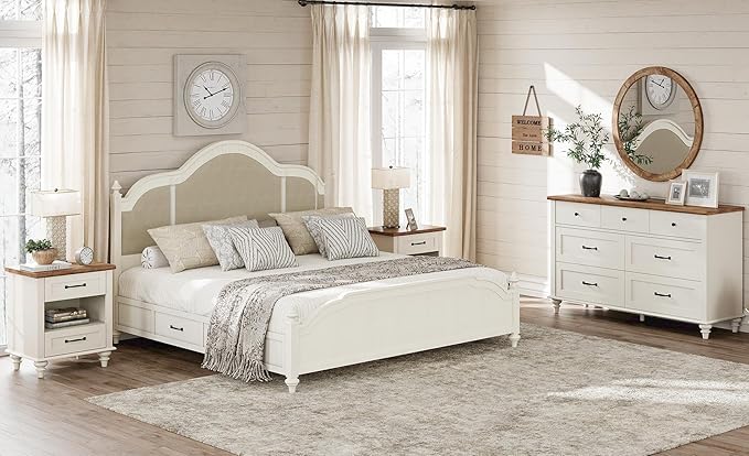 3 Piece Bedroom Set - Includes Farmhouse 7 Drawer Dresser, Set of 2 Night Stands with Charging Station & Shelf, 3 Piece Dresser and Nightstand Sets, Oak