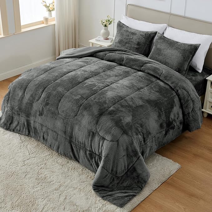 Faux Fur Comforter Set Queen Size with Fitted Sheet, Luxury Ultra Soft Fuzzy Comforter