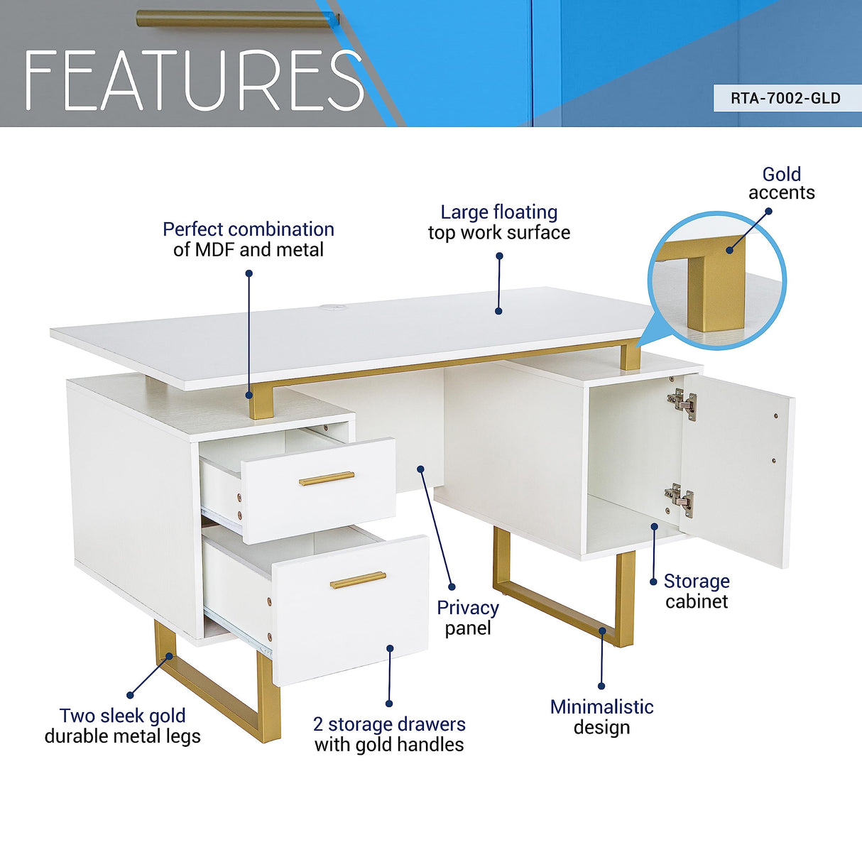 Storage Drawers and Cabinet 51.25” W-Modern Office Large Floating Desktop Surface Desk