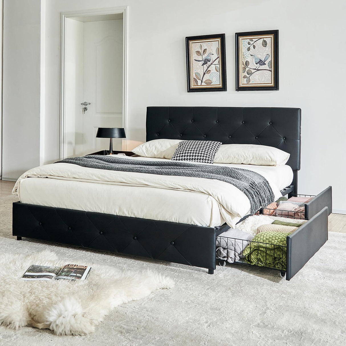 Queen Size Bed Frame with Black Leatherette Headboard, Bed Frame with 4 Storage