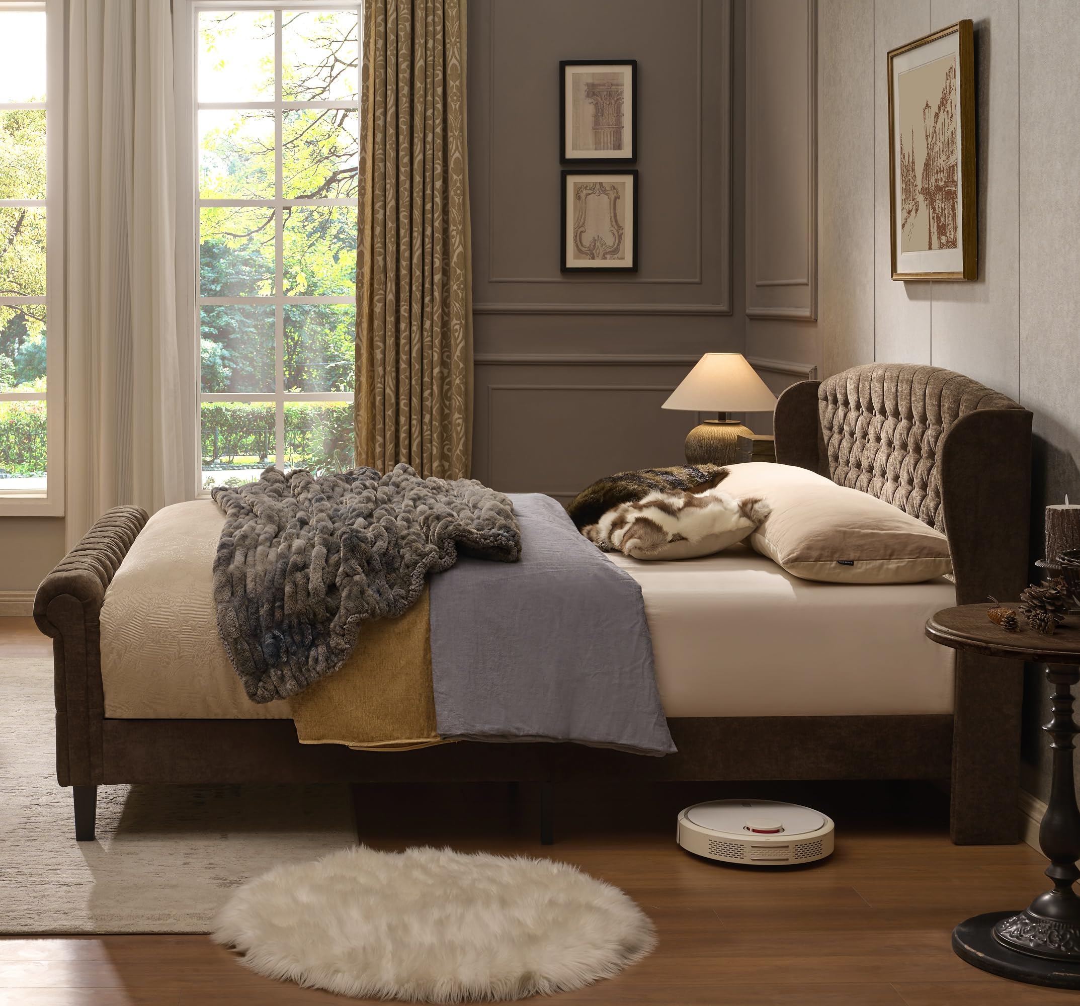 Queen Size Upholstered Platform Bed Frame with Sleigh Headboard