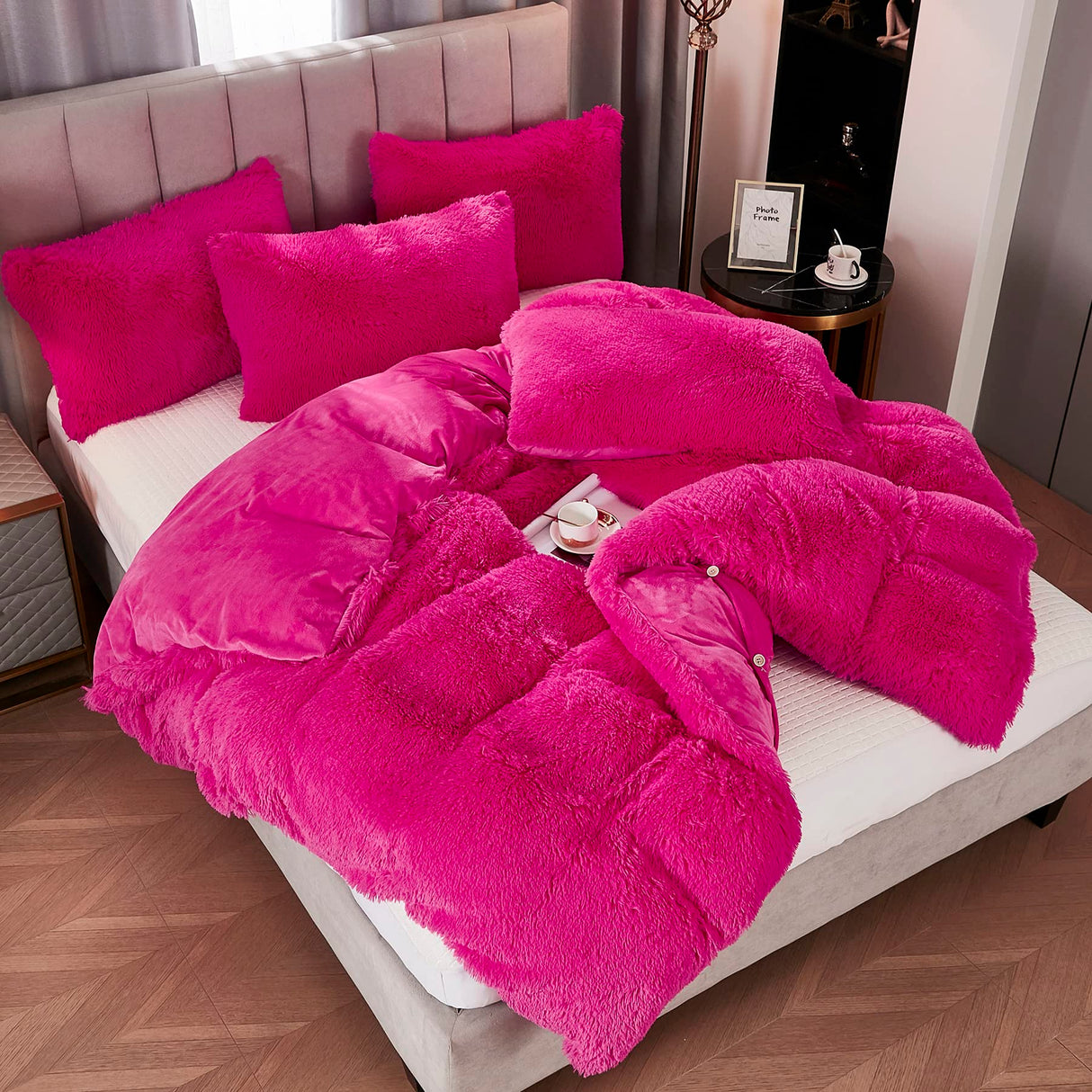 Shaggy Fluffy Faux Fur Duvet Cover Set Button Closure Velvety Bedding Set Comforter