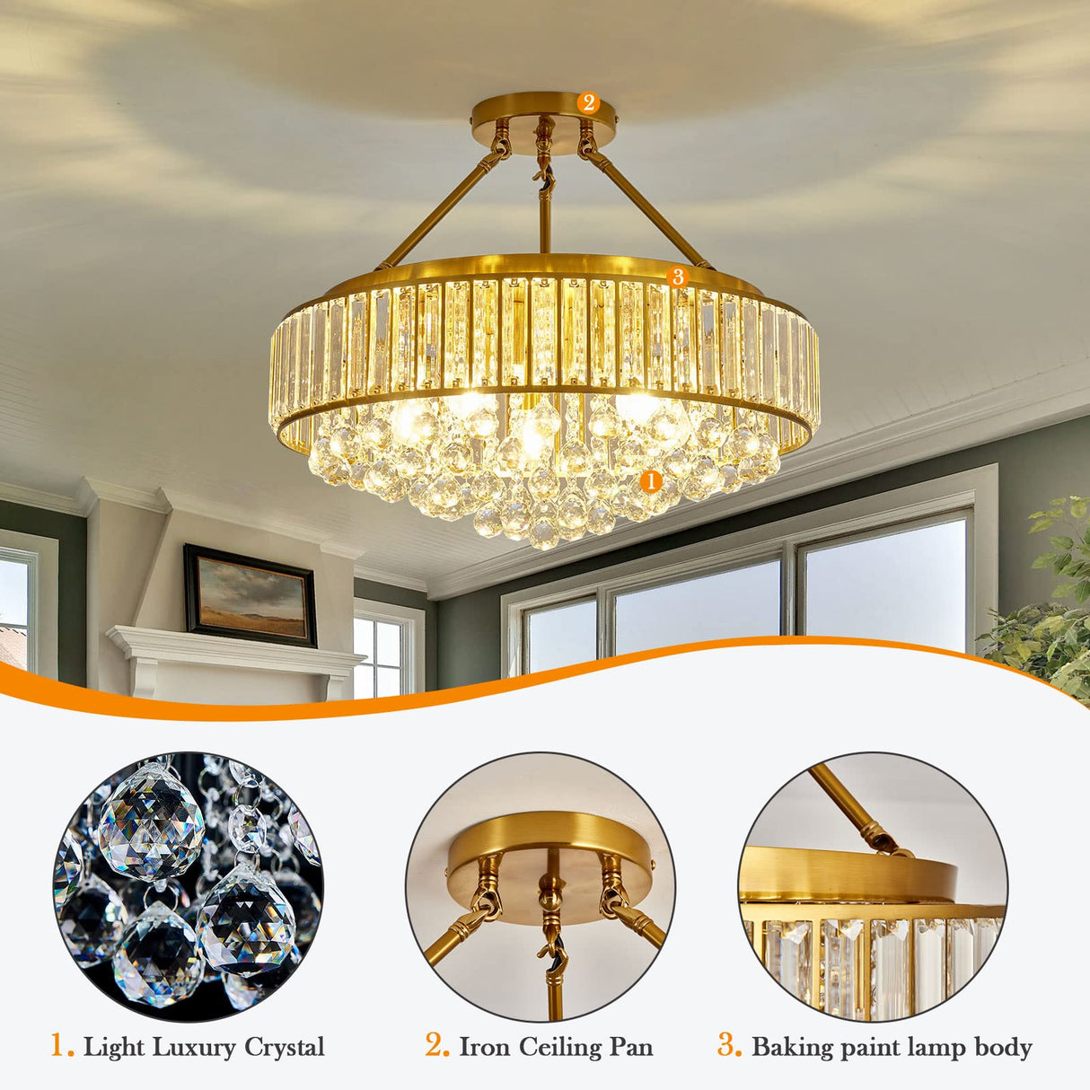 6-Light Modern Large Crystal Chandelier Gold Metal E26 Semi Flush Mount Round Ceiling