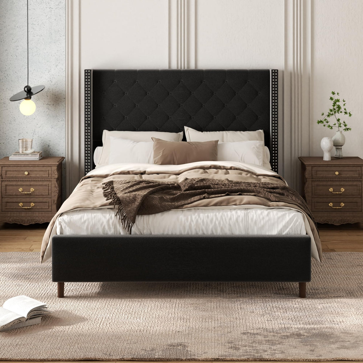 Queen Velvet Platform Bed with 58" Wingback Headboard