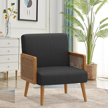 Accent Chair with Rattan Arms, Upholstered Mid Century Modern Chair for Bedroom Living Room Reading Chairs Rattan Armchair, Linen Comfy Lounge Chairs Side Chair, Black