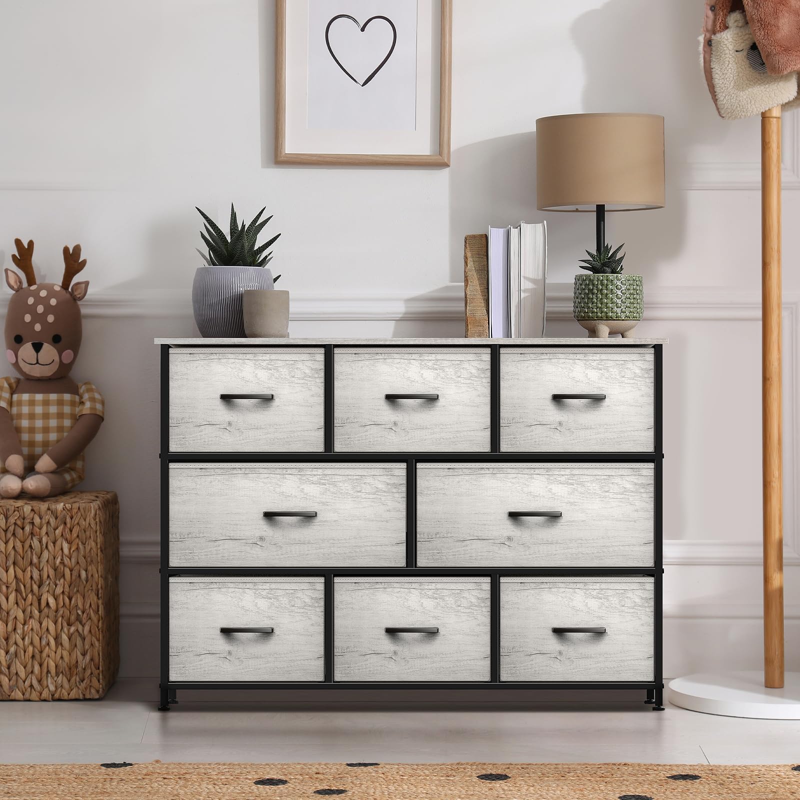 Dresser with 8 Faux Wood Drawers - Chest Organizer Unit with Steel Frame Wood