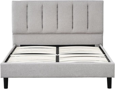 Heli Full Bed, Gray Linen Upholstered Frame, Vertical Tufted Headboard