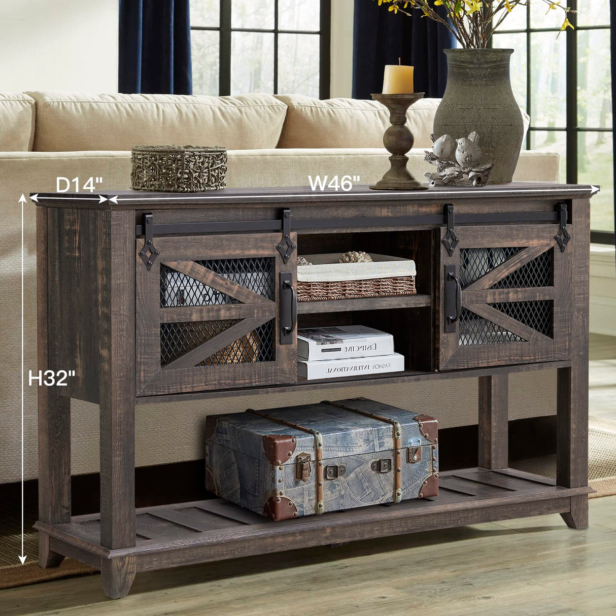 Entryway Table w/Sliding Barn Doors, 46'' Farmhouse & Industrial Console Table