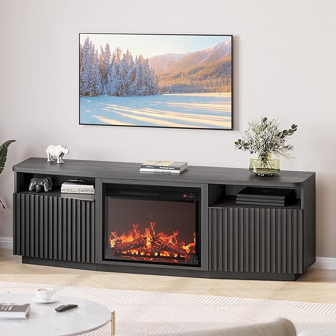 Fluted TV Stand with 23" Electric Fireplace Heater with Sound