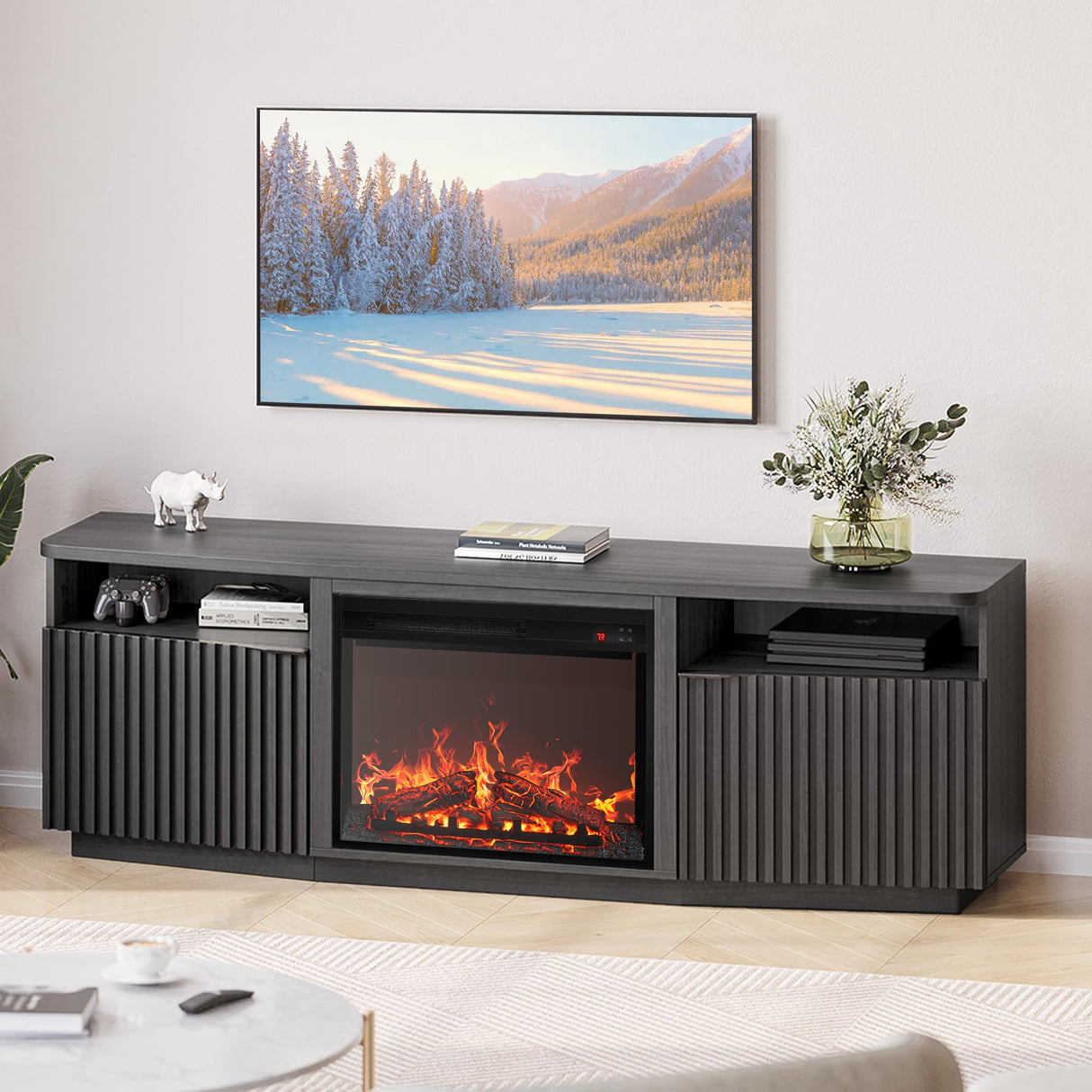 Fluted TV Stand with 23" Electric Fireplace Heater with Sound