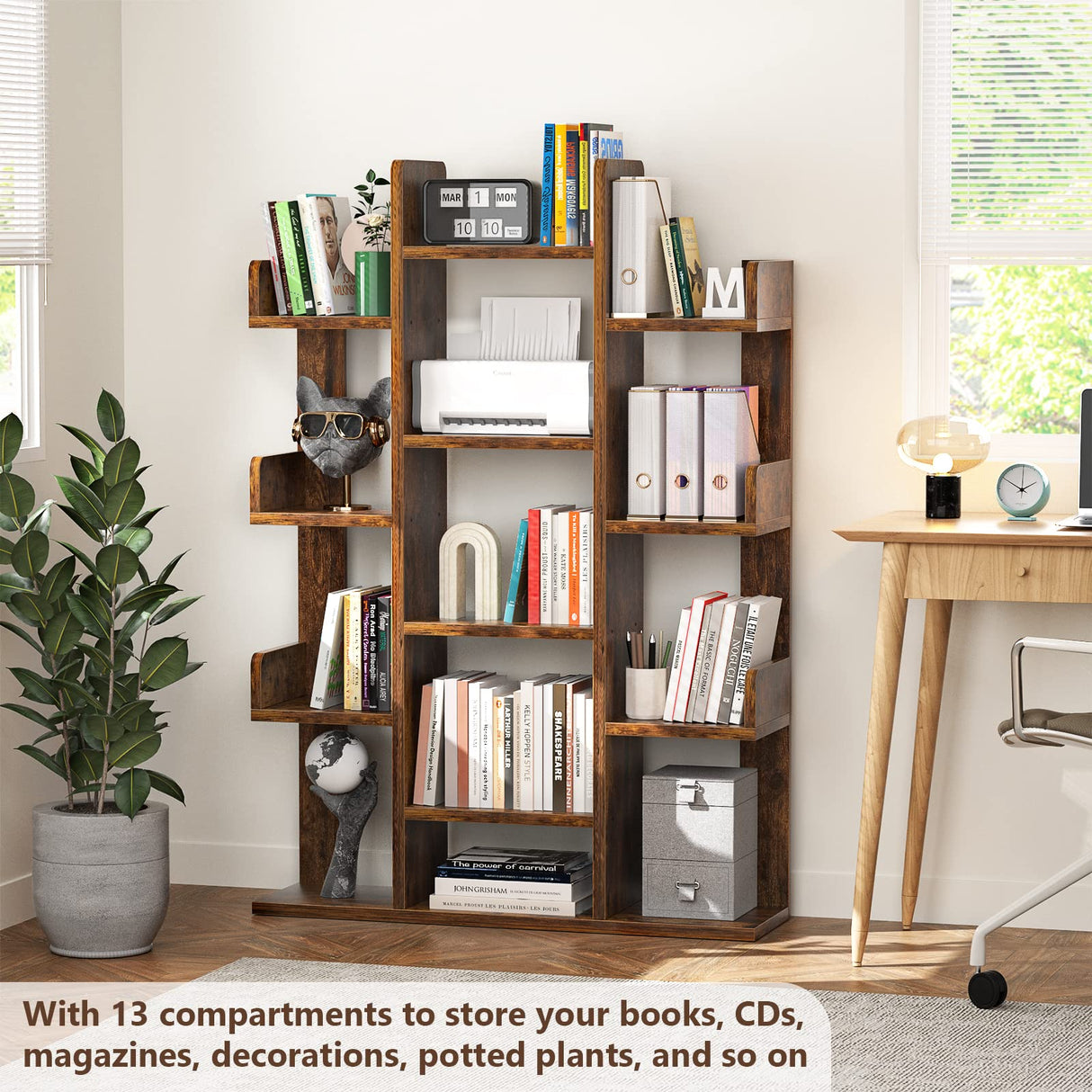 Bookshelf, Tree-Shaped Bookcase Storage Shelf with 13 compartments, Books Organizer Display Cube Shelves, Industrial Free Floor Standing Wood Open Bookshelves for Home