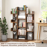 Bookshelf, Tree-Shaped Bookcase Storage Shelf with 13 compartments, Books Organizer Display Cube Shelves, Industrial Free Floor Standing Wood Open Bookshelves for Home