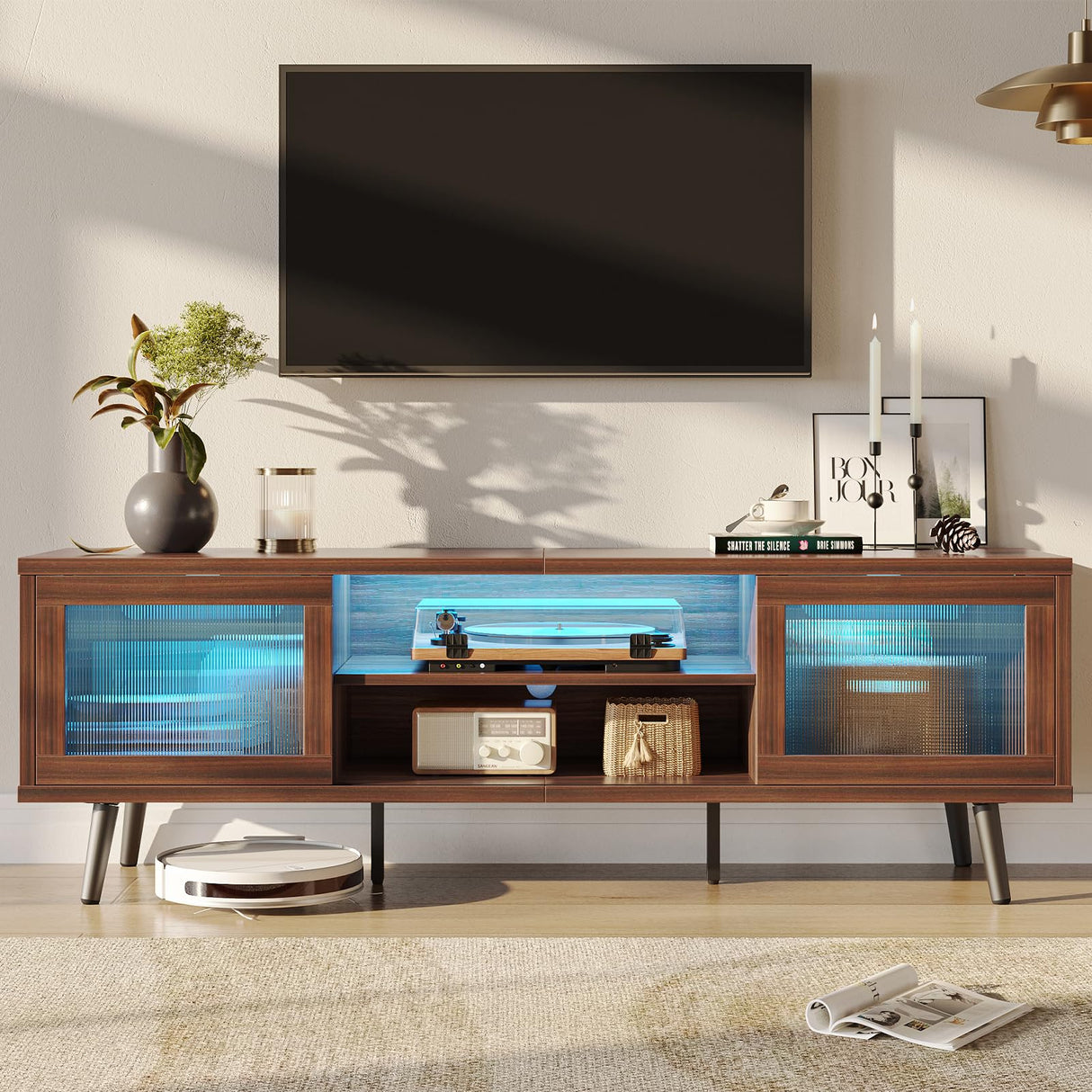 TV Stand for 75 Inch TV, 63” LED Entertainment Center with Sliding Acylic Doors