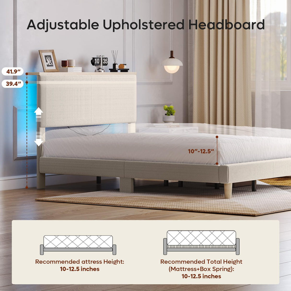 Bestier Queen Corduroy Upholstered Bed Frame with Adjustable Vertical Channel Tufted Headboard, LED Platform Bed with Storage Shelf, Solid Wood Slat Support, No Box Spring Needed, No Squeak(Beige)