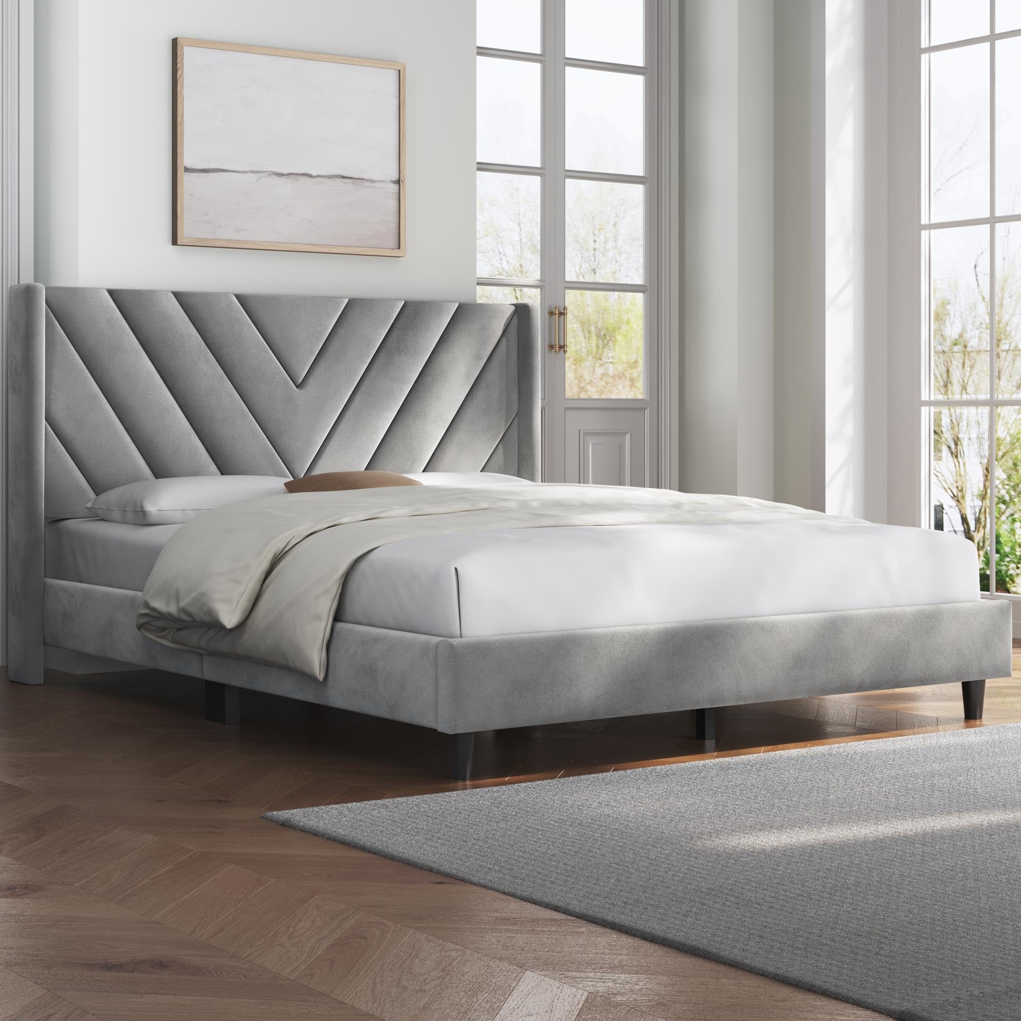 Queen Bed Frame Upholstered Platform Bed with Wing Side/Wooden Slat Support/Tufted