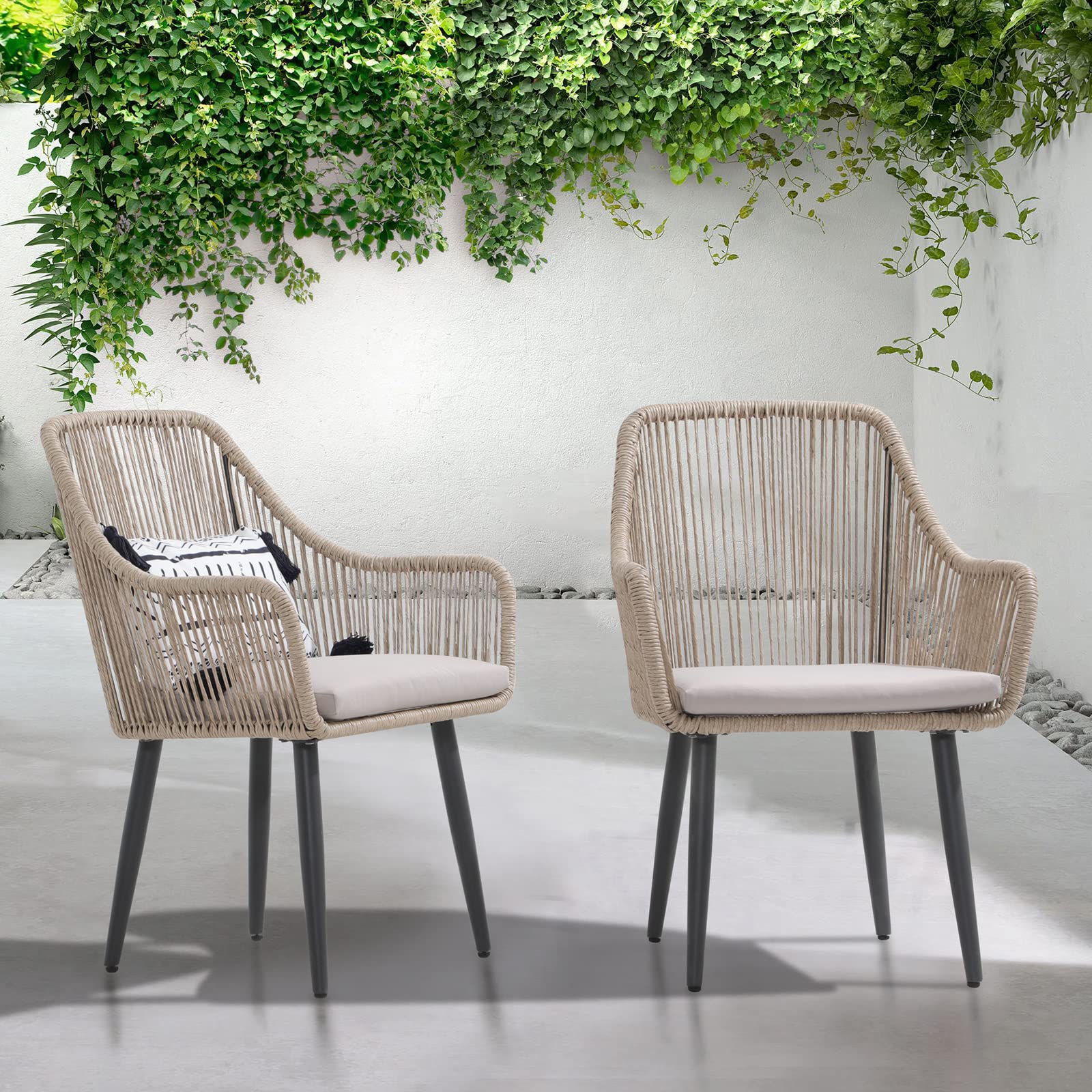 Outdoor Dining Chairs, Patio Dining Chair Set of 2, All-Weather Woven Rope Rattan Chairs
