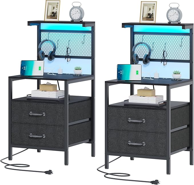 Tall Nightstand with Charging Station and LED Lights, Night Stand with Fabric Drawers,