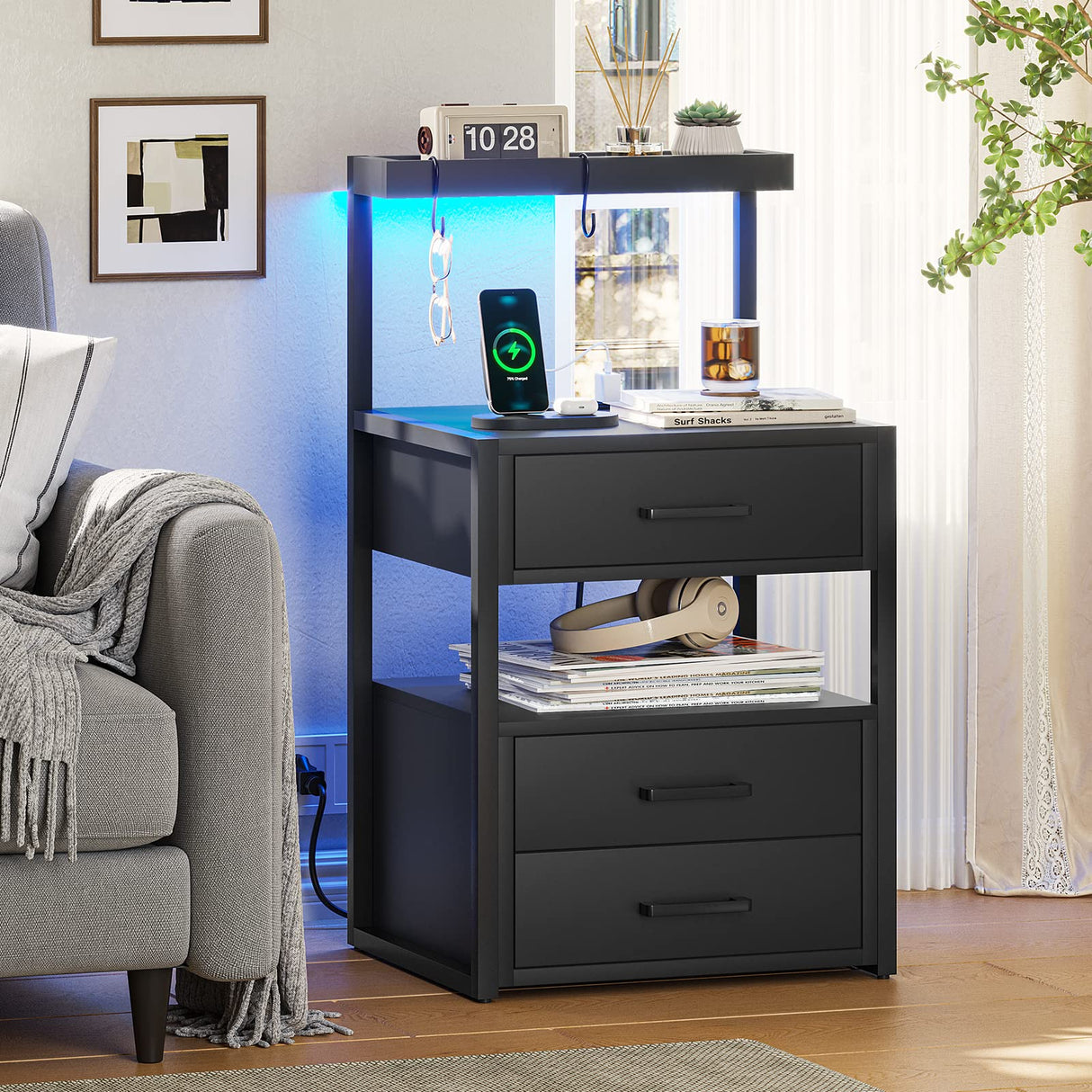 Nightstand with Charging Station and LED Lights, LED Night Stand with 2 USB Ports and 2 AC Outlets,