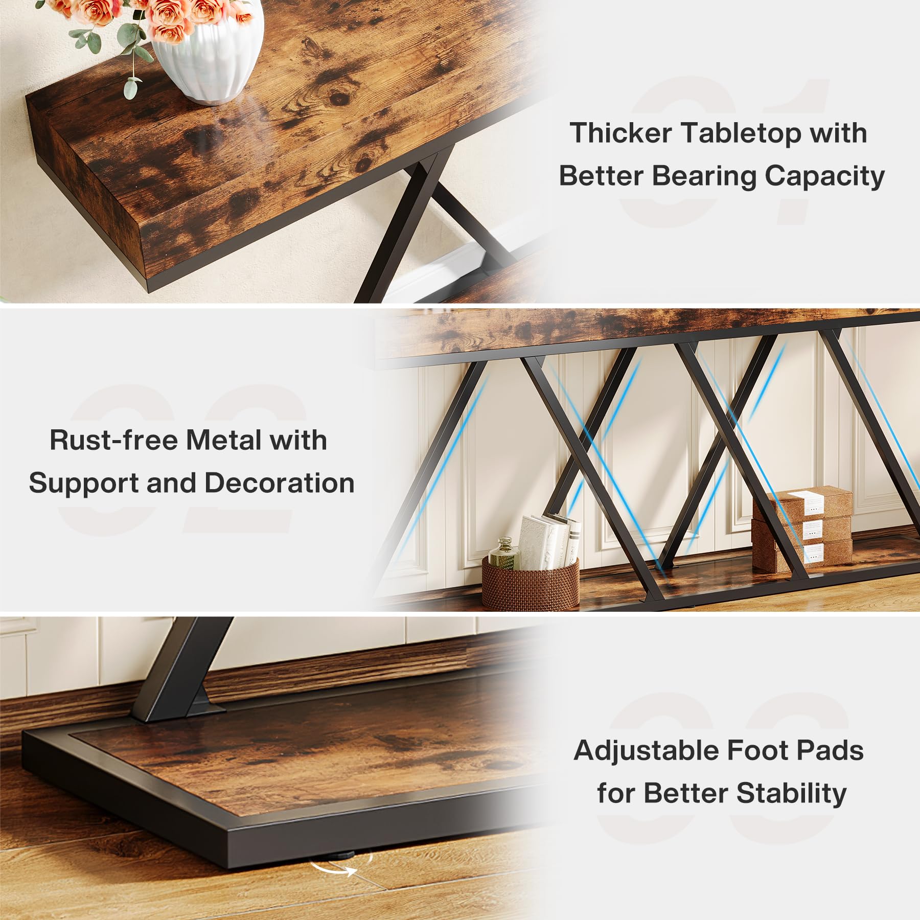 Extra Long Console Table, 70.87" Farmhouse Entryway Table with Unique Metal Base,