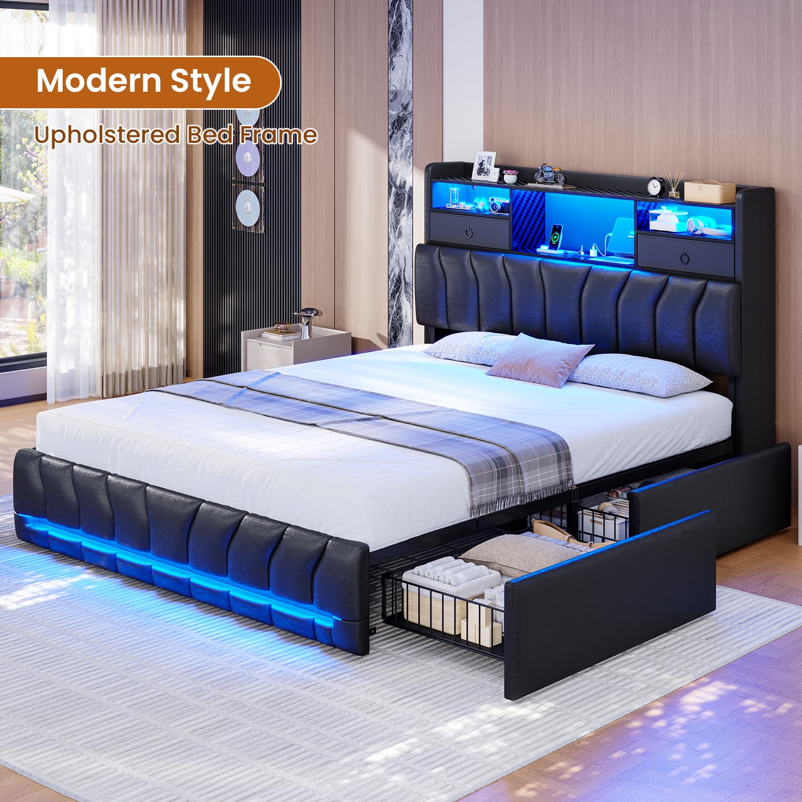 Queen Gaming Bed with RGB Lights & Storage