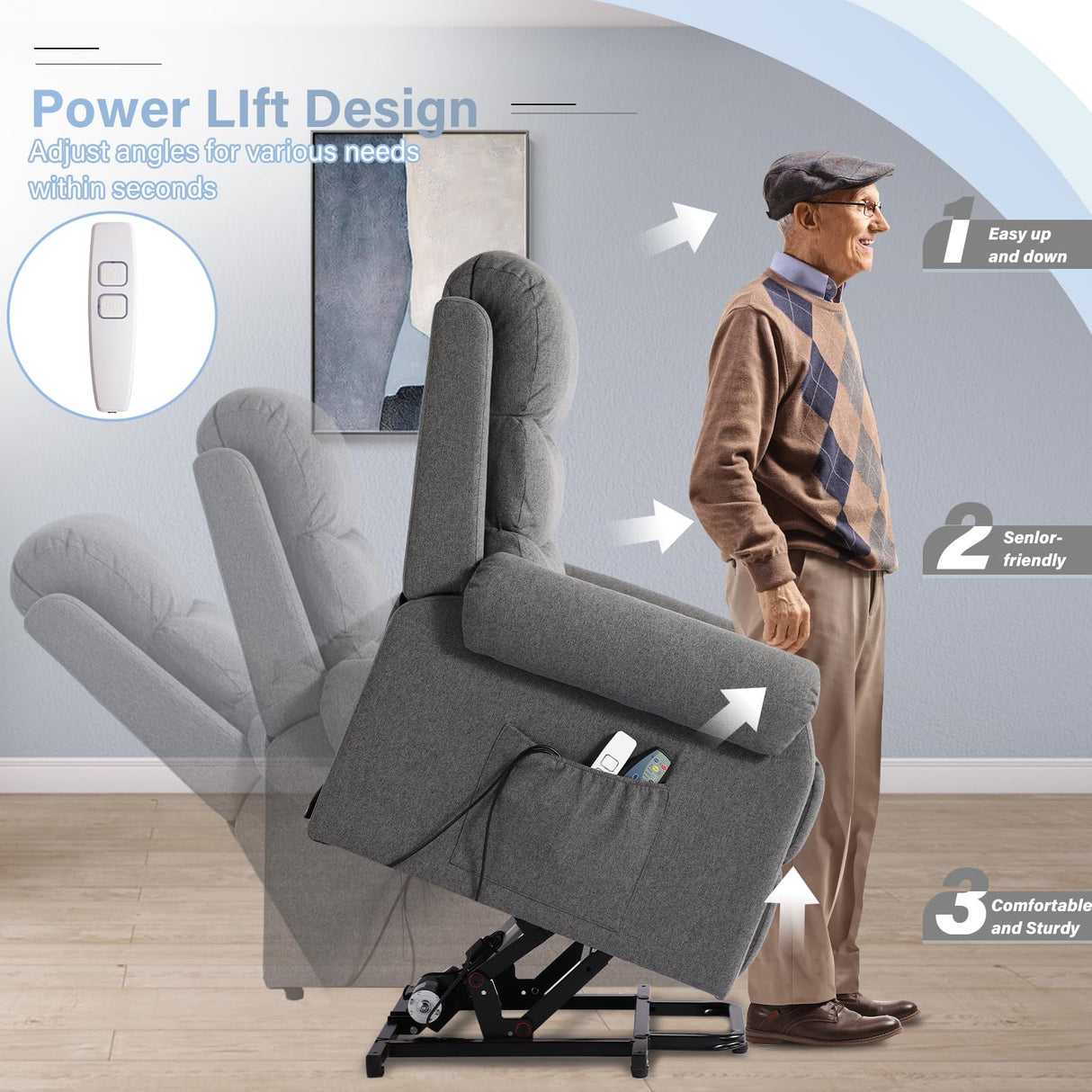 Power Lift Recliner Chair, Linen Fabric Lift Chair for Elderly with Massage & Heat, Electric