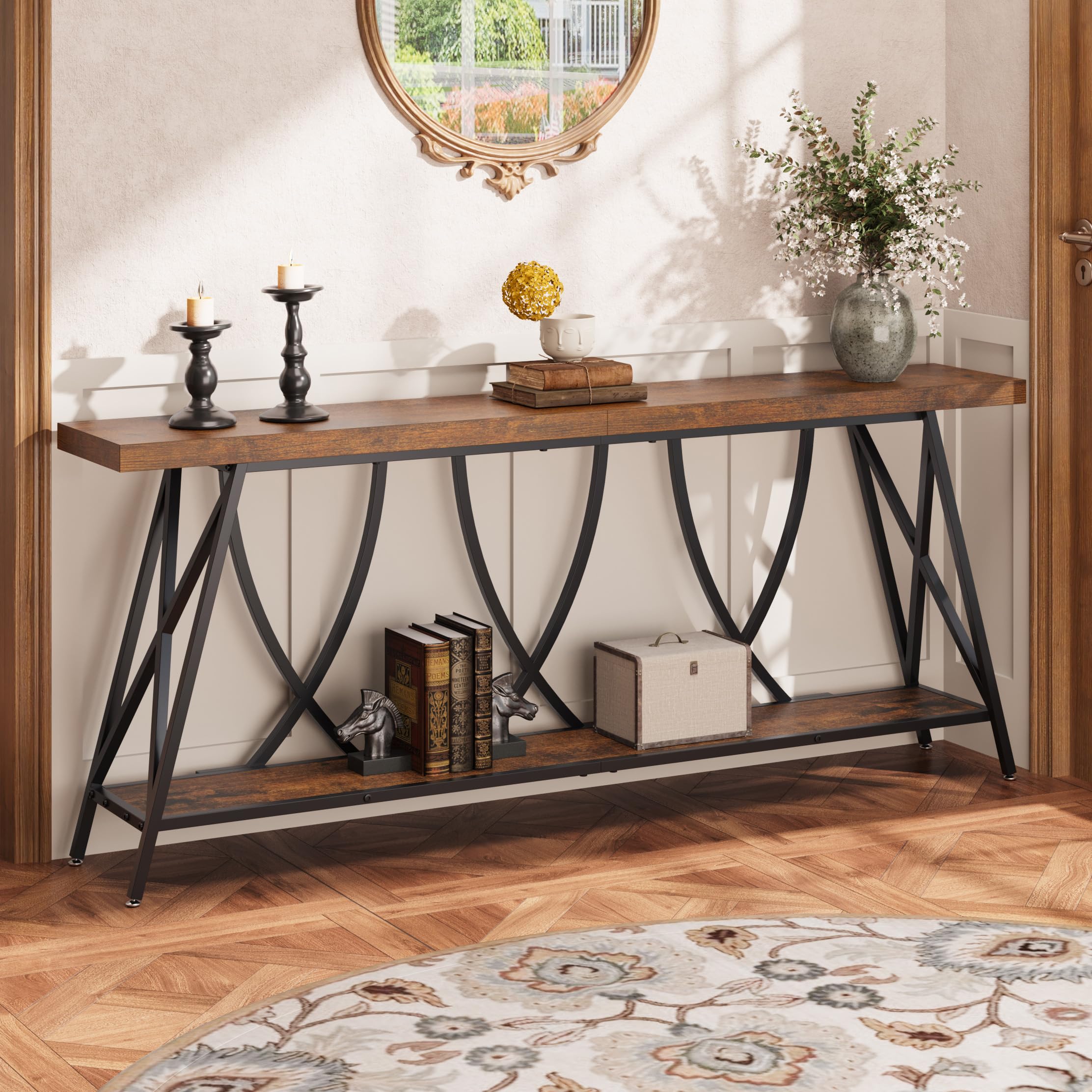 70.9" Narrow Console Table - Industrial Farmhouse Entryway Table with Storage