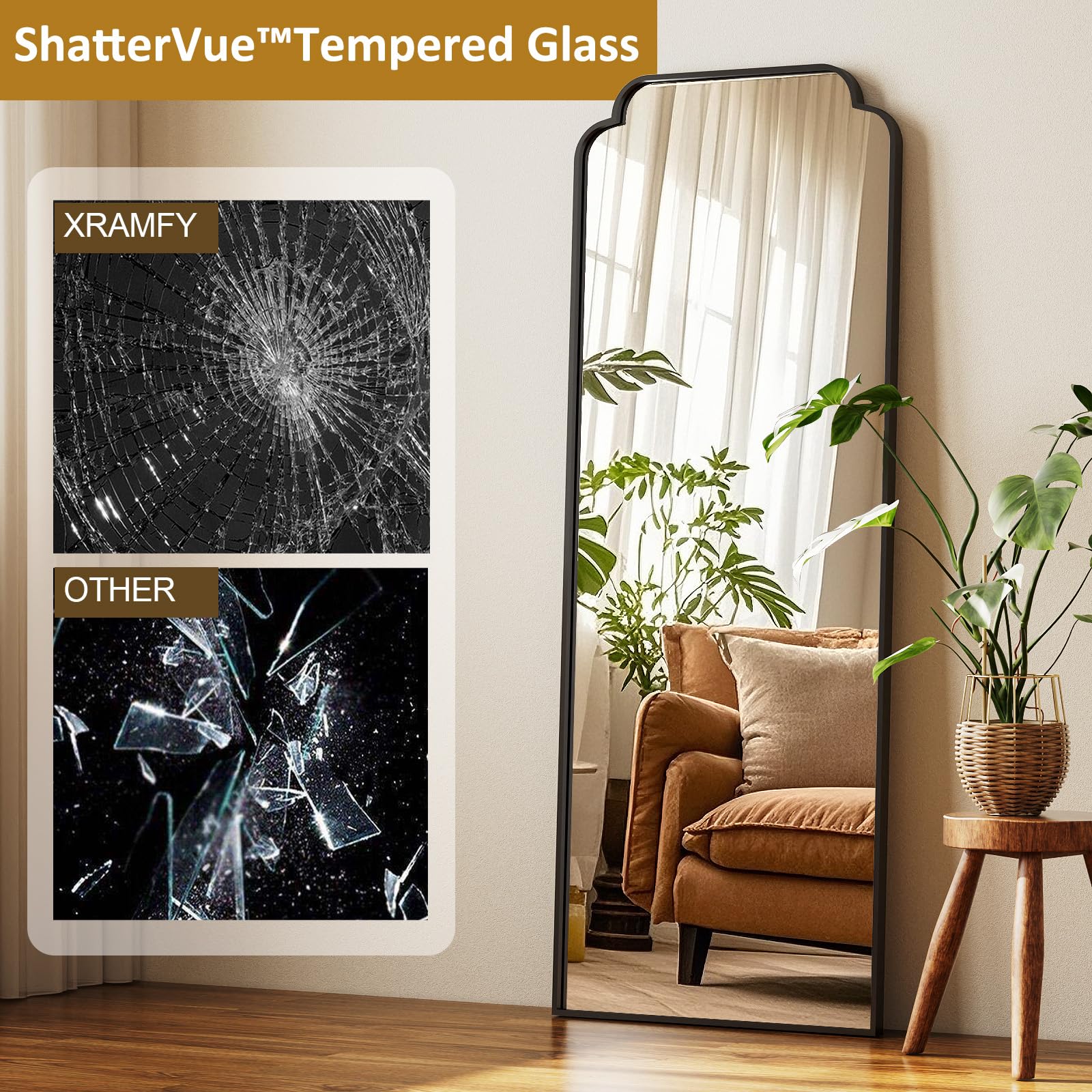 21x56 Black Arch Full Length Mirror with Metal Frame