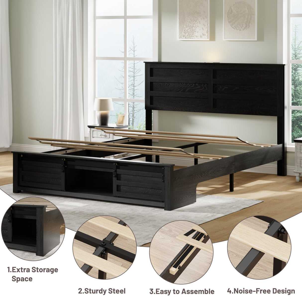 Queen Bed Frame with Wood Headboard & Charging Station