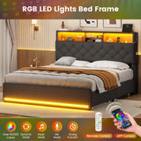 Queen Bed Frame with Hidden Storage Headboard & 4 Drawers, LED Bed Frame Queen