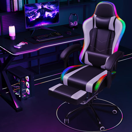 Gaming Chair with LED RGB Lights, Footrest and Massage Lumbar Support