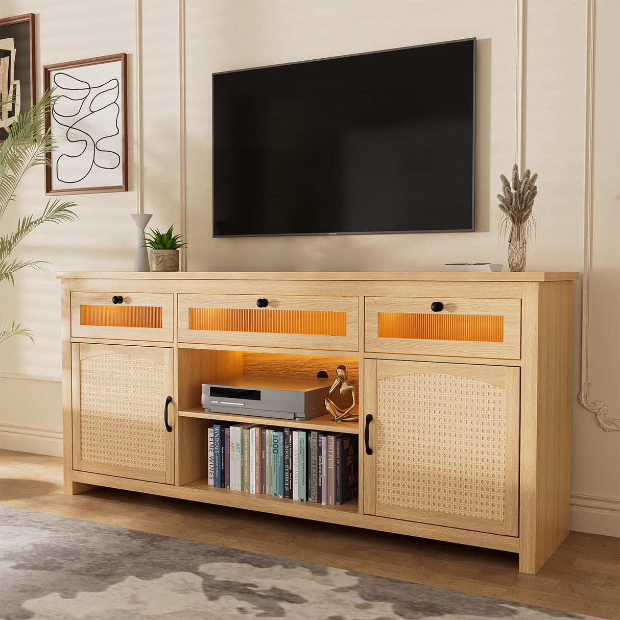 Rattan Tall Entertainment Center for 65 inch TV, Modern TV Stands for Living Room,Tall TV Stand