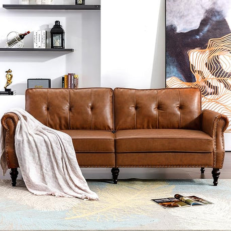 77” Mid-Century Modern Loveseat Couch, Leather Faux Sofa with Two Upholstered Cushions, Comfortable Couch with Wooden Frame and 3 Seater, for Living Room, Bedroom, Office(Brown)